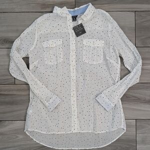 🥁 Eddie Bauer Crinkle Crepey White And Black Dotted Blouse